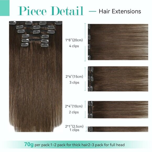 Hair Extensions Human Hair Clip In 15 Inch Medium Brown 7pcs Soft Straight
